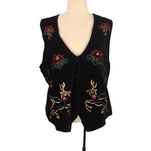 Bobbie Brooks Black Velvet Embroidered Ugly Christmas Vest Reindeer Bells 14W/16